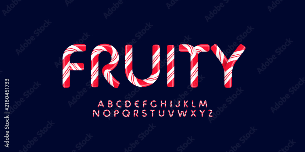 Obraz premium Candy fruity letters set with bright red white stripes. Sweet lollipop font. Festival style vector latin alphabet. Fonts for event, promo, logo, banner, monogram and poster. Typeset design