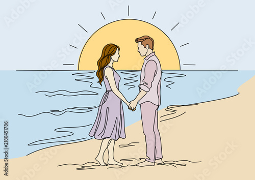 lovers on the beach at sunset line art with colors