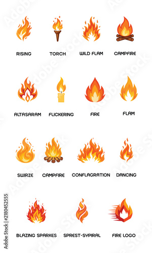 3D Cartoon Gradient Fire Flames Illustration Icons Set, Blaze Bonfire UI Elements, 3D Flame Icon Set Vector, Gradient Fire Energy Symbols