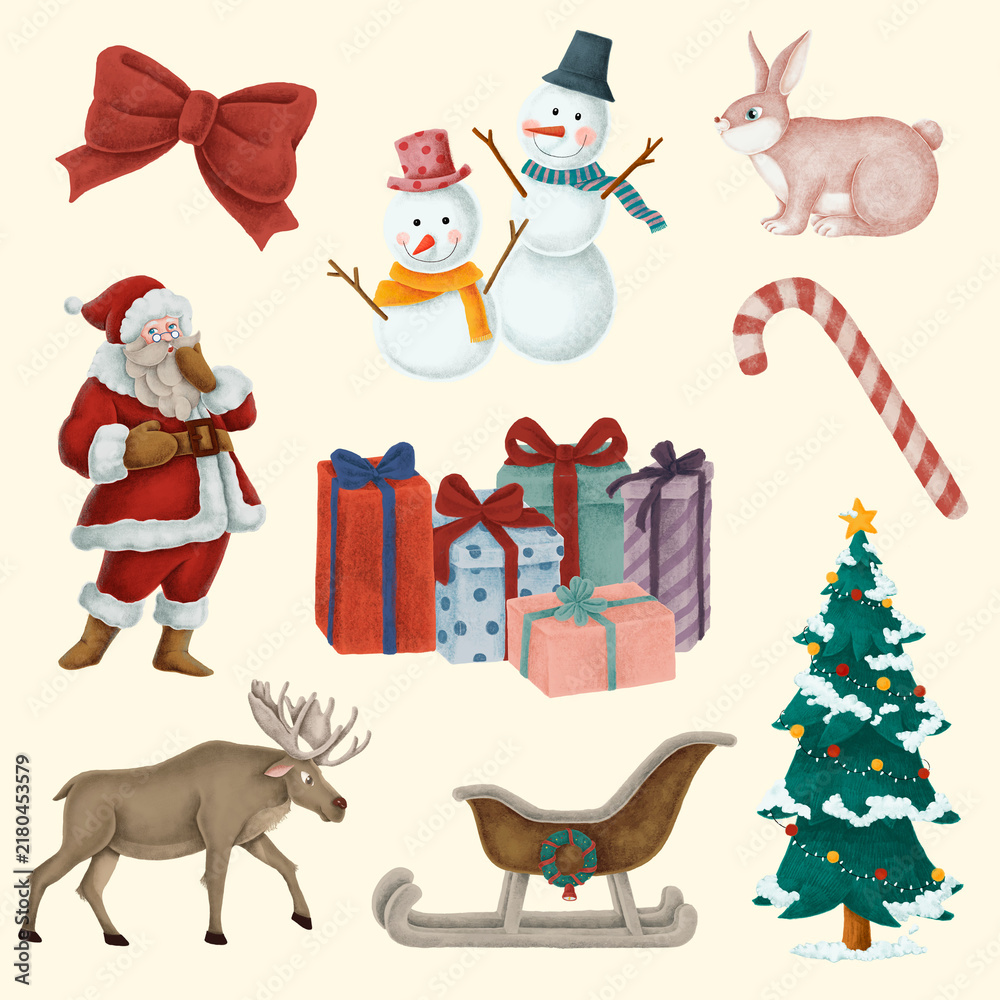 Fototapeta premium Christmas winter season illustration drawing set