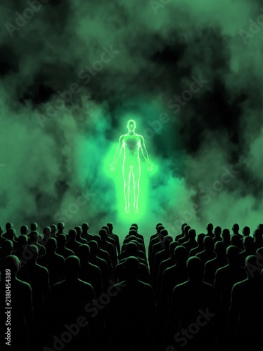 A luminous figure floating above a gathering in an enchanting and magical setting