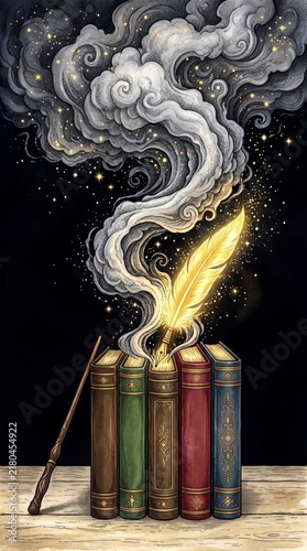 A mystical quill enveloped in magical smoke emerging from ancient books