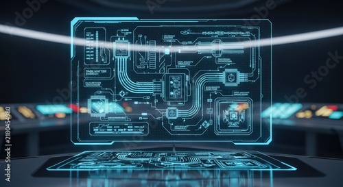 Blue glowing digital HUD with technical schematic diagrams.