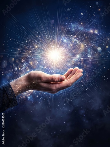A hand reaching toward a glowing light in a starry universe symbolizing hope and possibility