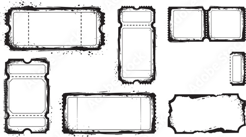 Set of vintage-style ticket stubs with perforated edges and heavy grunge ink splatter textures on a plain white background surface