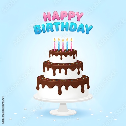 Three tiered birthday cake with chocolate dripping, lit candles, and happy birthday text, vector illustration on blue background
