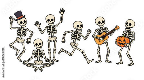 Dancing skeleton band set with skeletons playing guitar drums and singing party icons