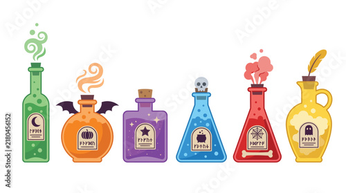 Halloween magic potion bottles set with colorful witch poison elixir and spell icons