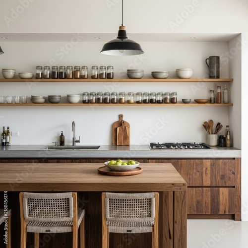 Bright modern rustic kitchen with open shelving.