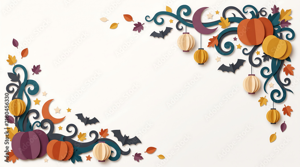 Fototapeta premium Paper cut style halloween border with pumpkins, lanterns, bats, and moons on a plain white... frame