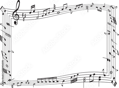 music notes rectangular frame wavy staff line black vector border