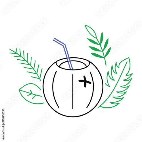 Coconut with straw and tropical leaves line illustration