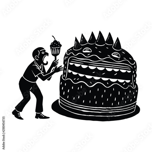 Giant cake silhouette with hungry person eating