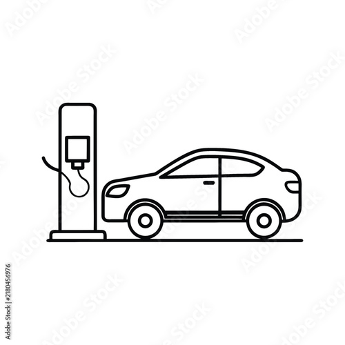 Modern electric car parked beside charging station