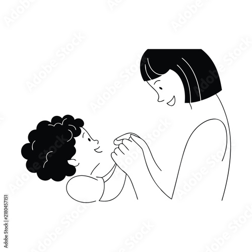Mother and baby facing each other black line illustration