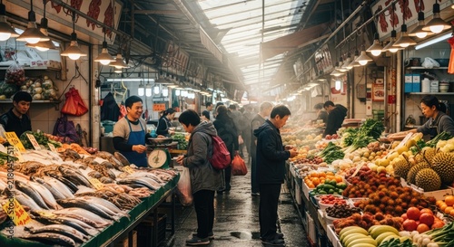 Busy indoor market with fresh seafood and vegetable stalls.