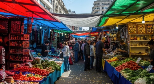 Busy outdoor fruit and vegetable market street.