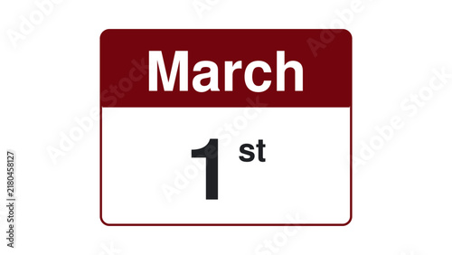 March 1st calendar card with bold typography and maroon header