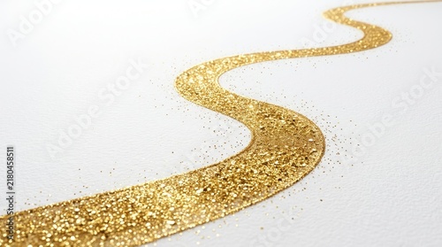 Sparkling golden glitter path flowing elegantly across a clean white textured background surface for luxury designs