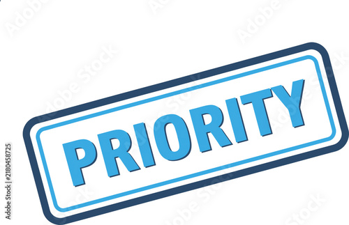 Blue priority stamp icon with bold text in a simple rectangular frame for business and office document work