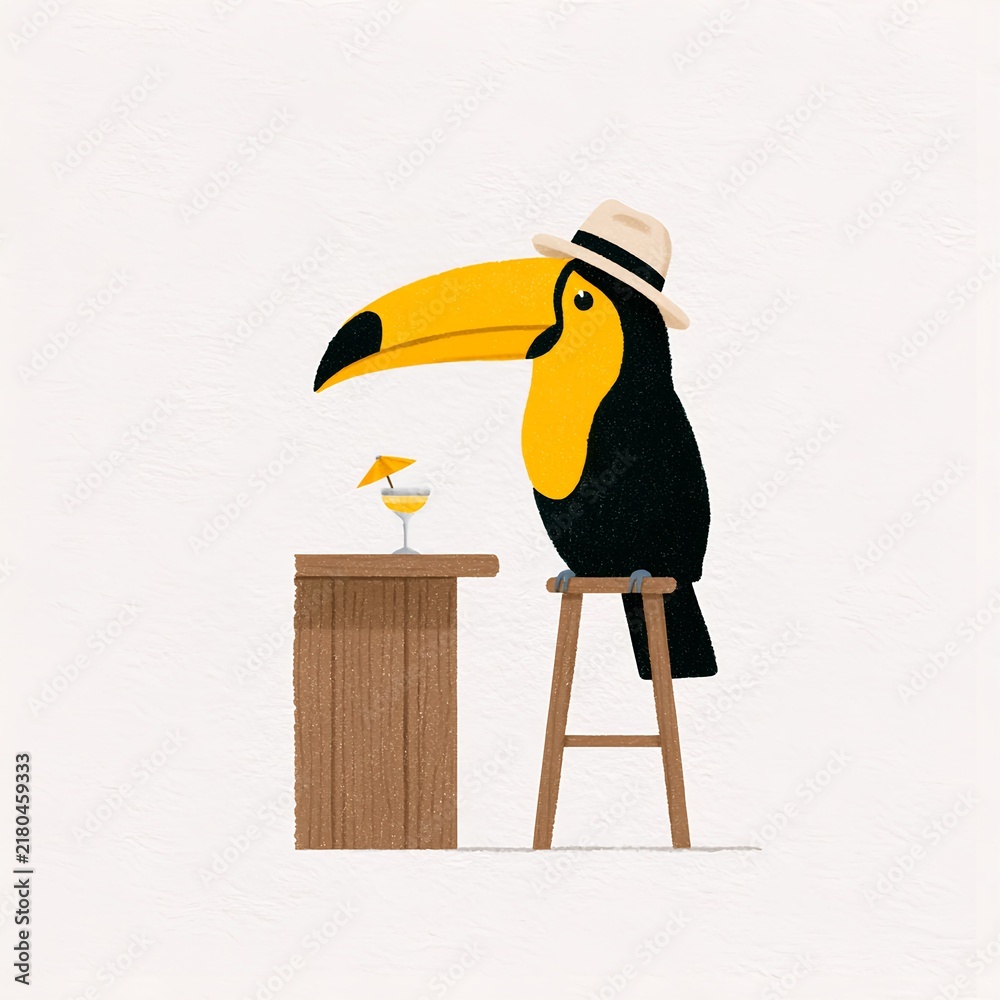 Obraz premium Toucan bird wearing a hat drinking a cocktail at a bar