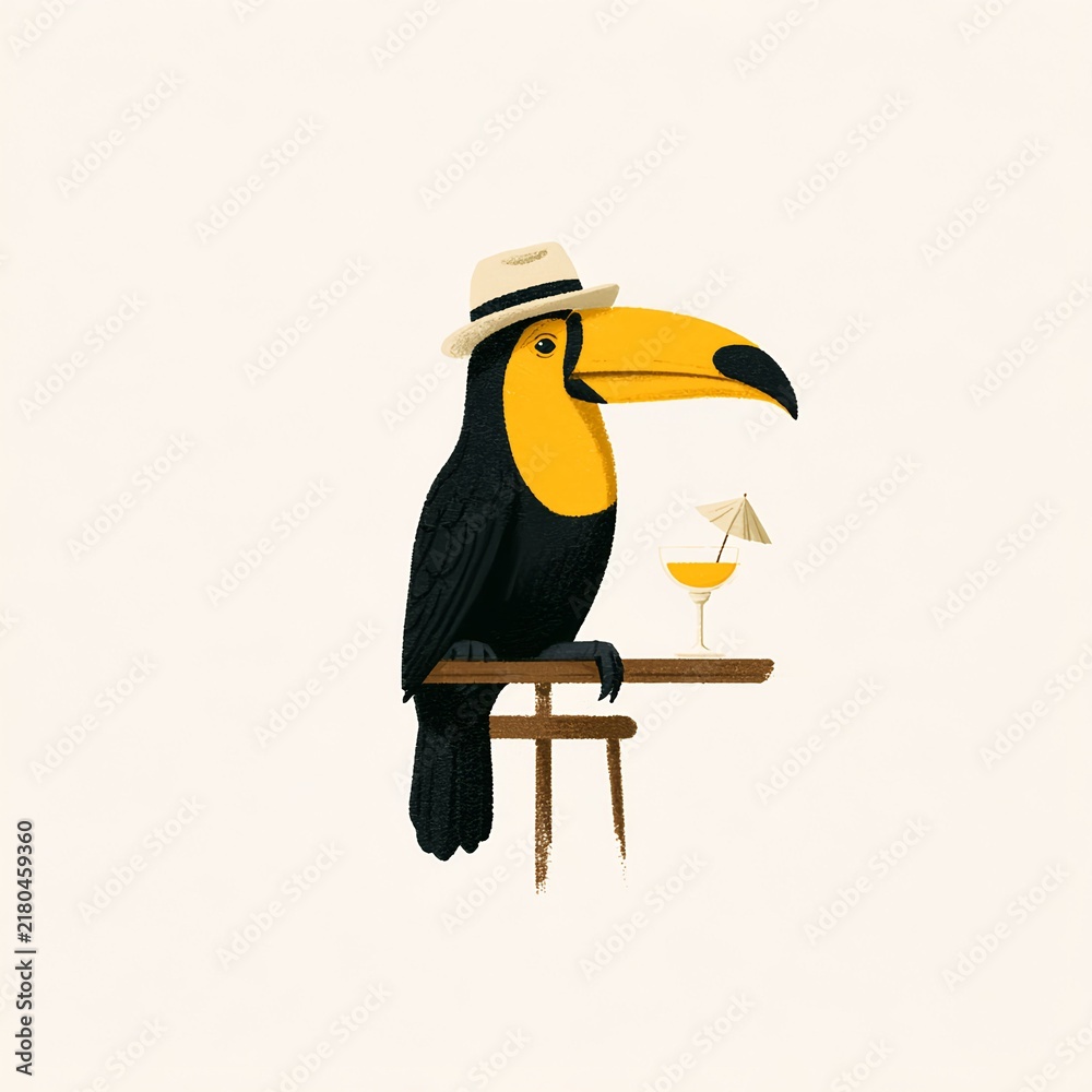 Obraz premium Toucan with Fedora Hat and Tropical Cocktail Illustration
