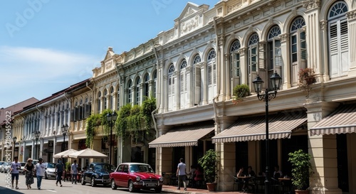 Classic European street with vintage storefronts.
