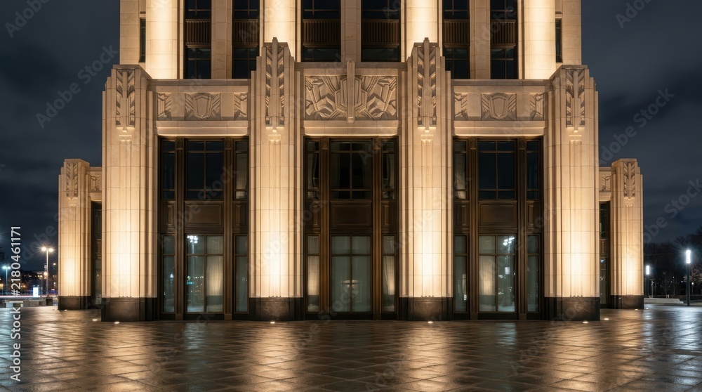 Fototapeta premium Art deco style building facade illuminated at night. Elegant geometric ornaments and tall windows of luxury architecture. Retro urban landmark with night lighting on empty city square.
