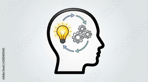 Human head silhouette containing a glowing yellow lightbulb and mechanical gears showing complex cognitive thought processes
