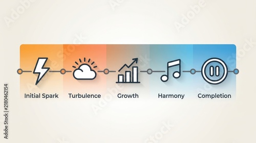 Colorful infographic timeline showing business process stages with creative icons on a smooth gradient background design