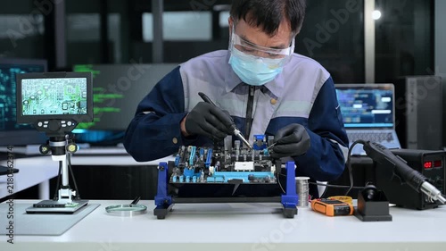  Asian technician in safety gear solders a computer motherboard in a modern lab. Electronics repair, microchip maintenance, and hardware engineering concept.