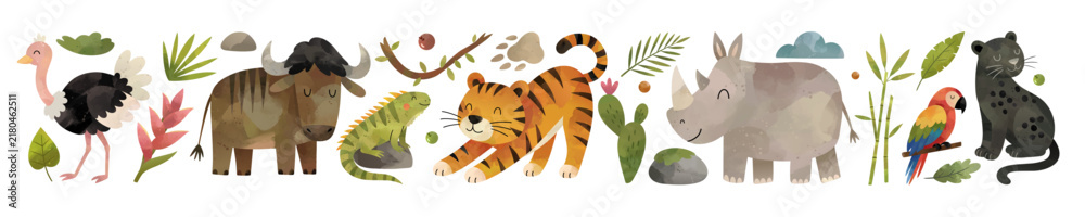 Obraz premium Watercolor border with wild jungle animals, palm leaves. African safari animals divider. Tiger, panther, rhinoceros, buffalo, ostrich