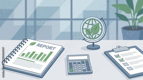 An environmental sustainability report with a globe and calculator sitting on an office desk surface with report charts checklist leaf icons calculator checklist sits desk next