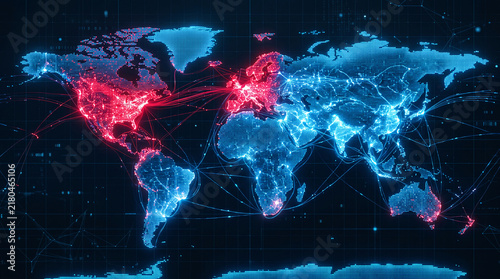 Digital world map with glowing red and blue continents connected by light trails, symbolizing global connectivity and data flow