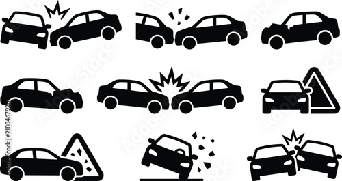 Automobile smash insurance icons bundle with vehicle side impact collision broken car debris and traffic warning triangles