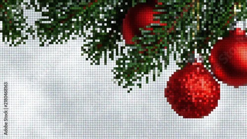 Retro 8-bit style animation of a festive evergreen branch decorated with shiny red baubles. Great for nostalgic winter holiday greetings, vintage gaming concepts, and cozy seasonal designs.