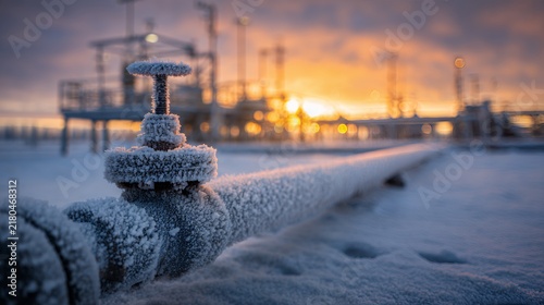 Frost Covered Industrial Pipeline and Valve in Winter Sunset