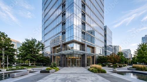 : Modern corporate glass skyscraper building entrance exterior with clean architectural lines under bright blue sky