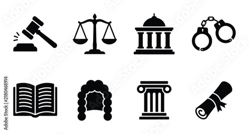 Law Icons Set: Gavel, Scales, Courthouse, Handcuffs, Book, Wig, Column, Diploma