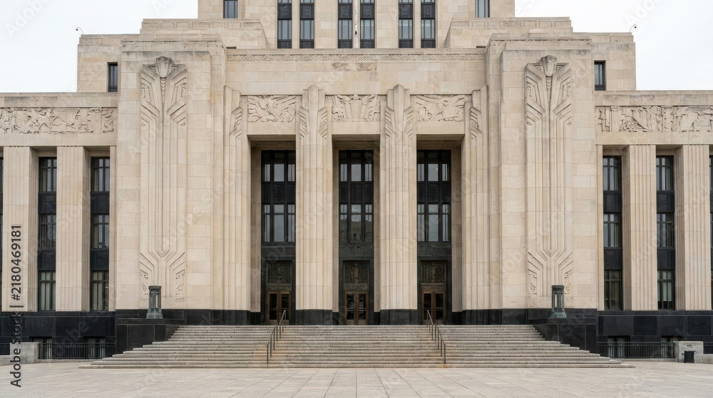 Fototapeta premium Facade of art deco style building with stone carvings and staircase. Grand entrance with columns and geometric ornaments of monumental architecture. Vintage government or civic architecture concept.