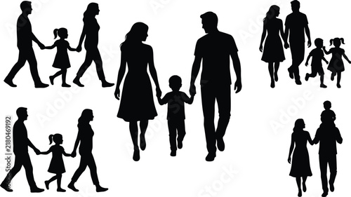 Happy family walking together black silhouette vector set featuring parents holding hands with children icons bundle