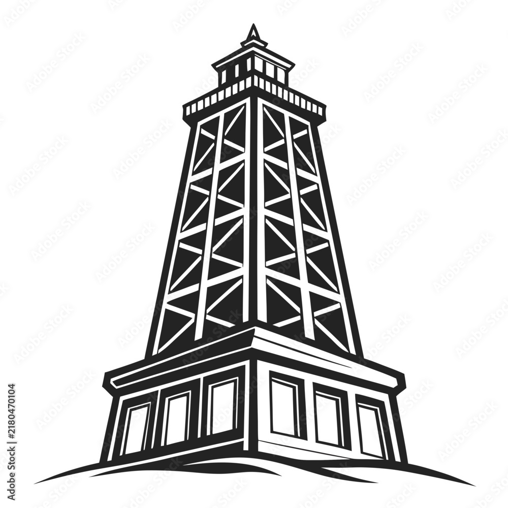 Obraz premium Black and white of a tall industrial oil drilling rig tower structure, isolated on a white background, flat style