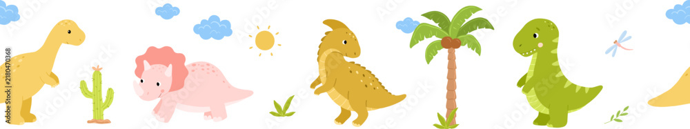 Fototapeta premium Cute dinosaurs seamless border. Repeating nursery background for kids. Backdrop with pterodactyl, brontosaurus and tyrannosaurus