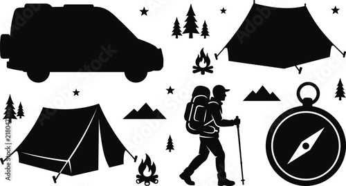 Camping and outdoor hiking adventure silhouette set with camper van tents hiker campfire and compass vector elements