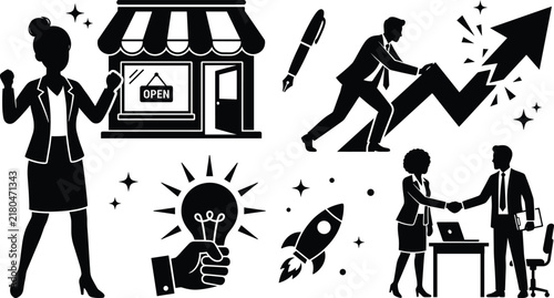 Business growth and entrepreneurship silhouette vector set featuring storefront businesswoman rocket idea bulb handshake and rising arrow