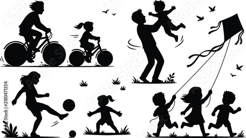 Children summer recreation icons bundle with parents cycling playing football flying a kite and running in park