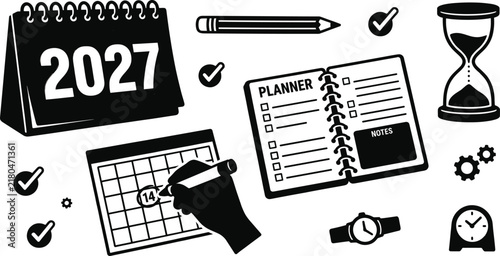 Calendar 2027 planning silhouette vector set with desk calendar notebook planner hourglass wrist watch pencil and clock