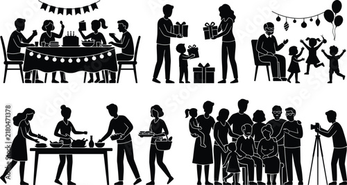 Anniversary family holiday party bundle with cake cutting present exchange buffet table food and photographer taking picture