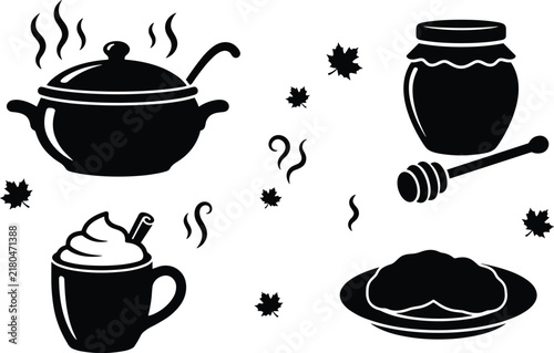 Autumn comfort food vector icons set featuring hot soup pot honey jar whipped coffee and maple leaves