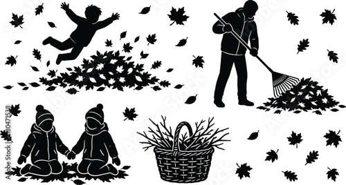 Autumn yard work and family activities vector icons set featuring leaf raking and jumping silhouettes